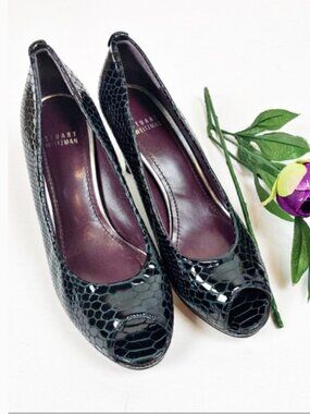 Stuart Weitzman Black Leather Snakeskin Peeptoe Heels 8.5N